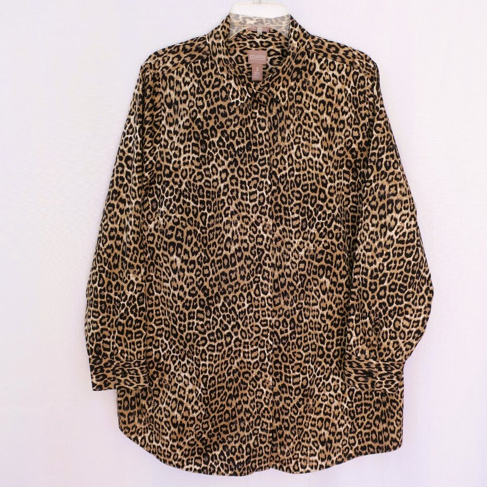 CHICO'S Animal Print Wrinkle Resistant Roll Tab Sleeve Shirt